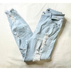 Womens Distressed Shaping High Waist Light Rinse Stretch Ankle Jeans w/ Pockets